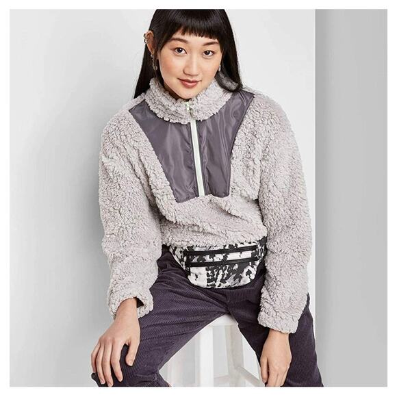 Wild Fable Grey Quarter Zip Pullover Sherpa Jacket Womens Medium - Picture 1 of 9